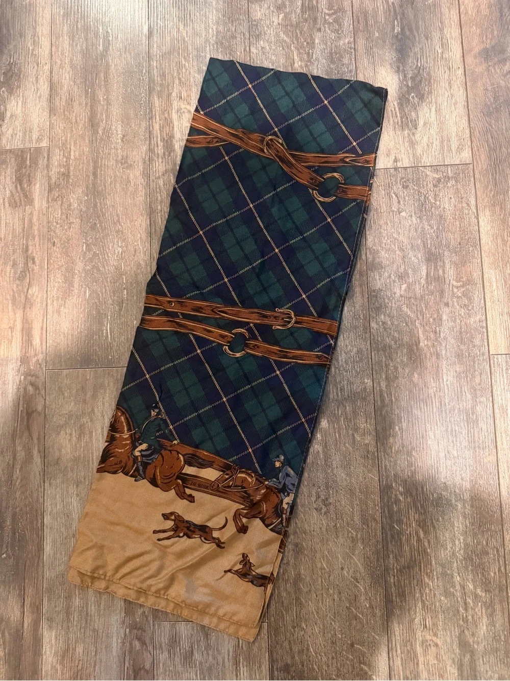 Plaid Equestrian Print Scarf in Navy, Green & Tan